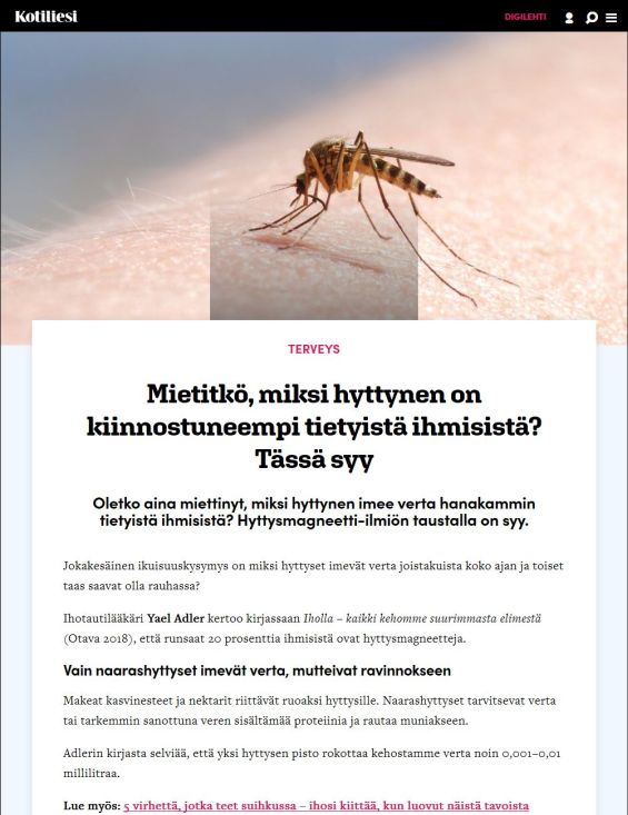 kotiliesi.fi | Mietitkö, miksi hyttynen on kiinnostuneempi tietyistä ihmisistä? Tässä syy | 06.2018