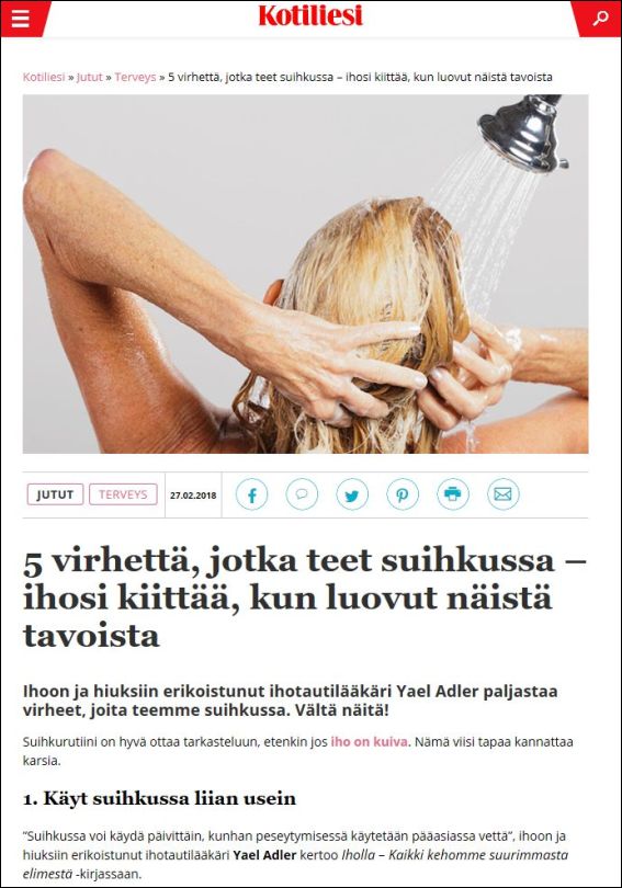 kotiliesi.fi | 5 virhettä, jotka teet suihkussa – ihosi kiittää, kun luovut näistä tavoista | 27.02.2018