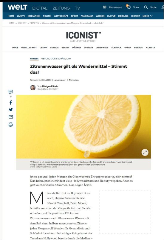 welt.de | Zitronenwasser gilt als Wundermittel – Stimmt das? | 07.08.2018