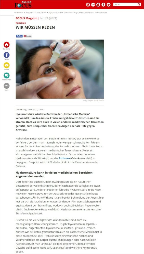 Hyaluronsäure: Hilft bei trockenen Augen, Falten und Arthrose - ein Wundermittel