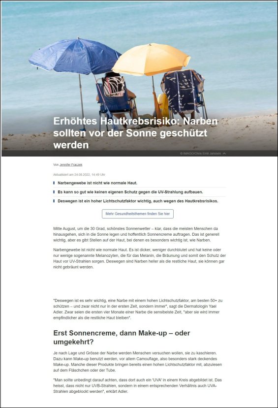 Erhöhtes Hautkrebsrisiko: Narben sollten vor der Sonne geschützt werden