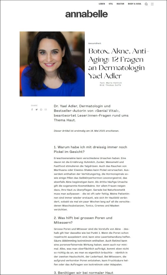 Botulinumtoxin, Akne, Anti-Aging: 12 Fragen an Dermatologin Yael Adler